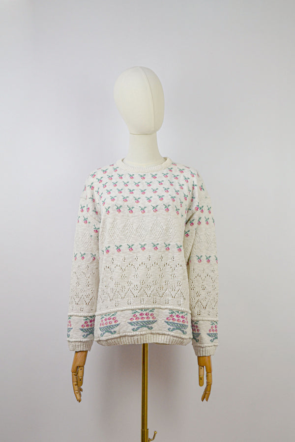 CHERRIES - 1970s Vintage Acorn Cotton Jumper - Size  S/M