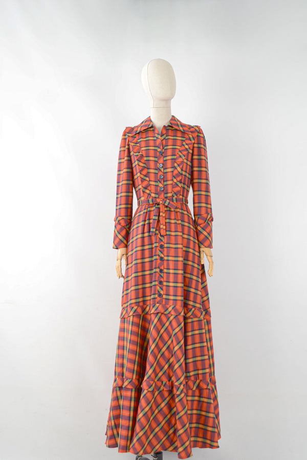 CANDY CANE - 1970s Vintage Betty Barclay Red Tartan Maxi Dress - Size M
