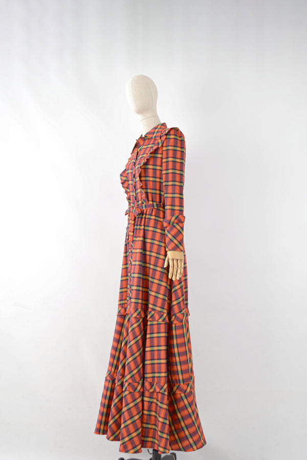 CANDY CANE - 1970s Vintage Betty Barclay Red Tartan Maxi Dress - Size M