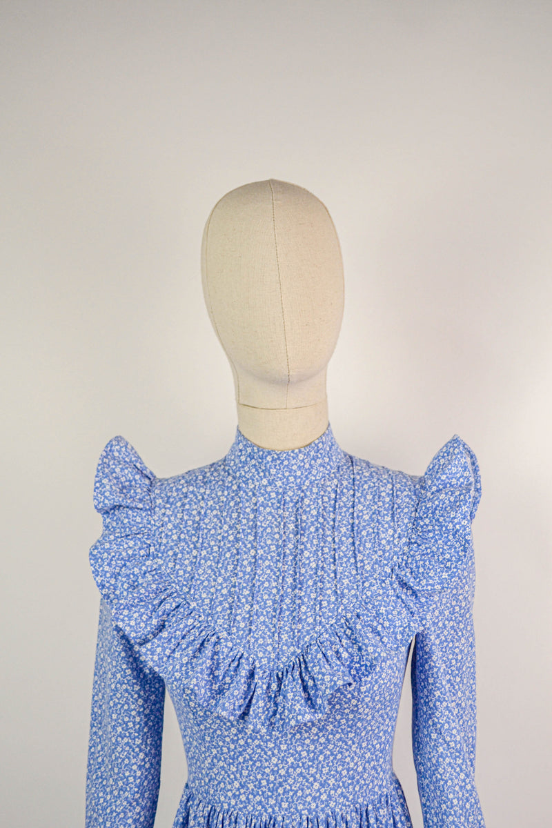 CLEMATIS - 1970s Vintage Laura Ashley Light Blue Ditsy Floral Prairie Dress - Size XS/S