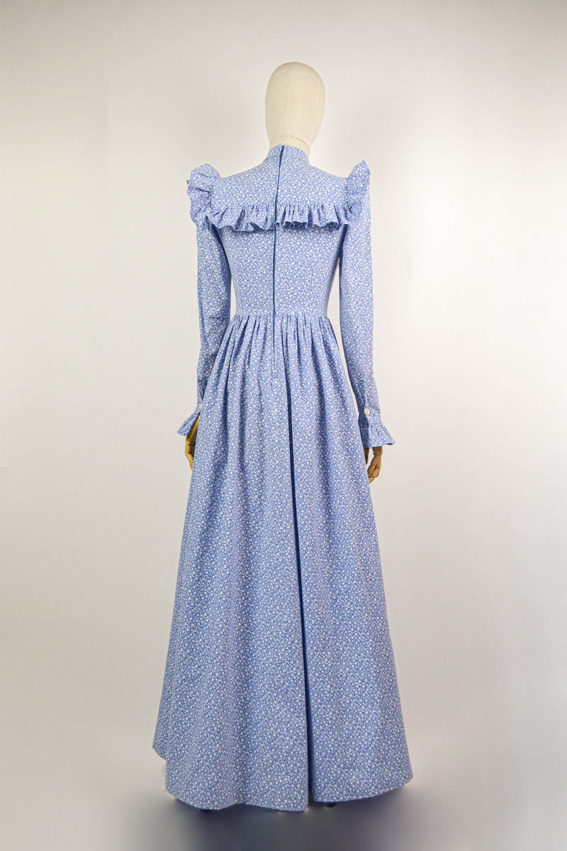 CLEMATIS - 1970s Vintage Laura Ashley Light Blue Ditsy Floral Prairie Dress - Size XS/S