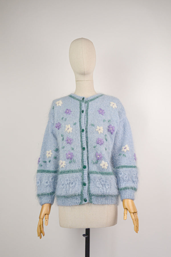 COLOMBINE - 1980s Vintage Pastel Blue Mohair Cardigan - Size S/M