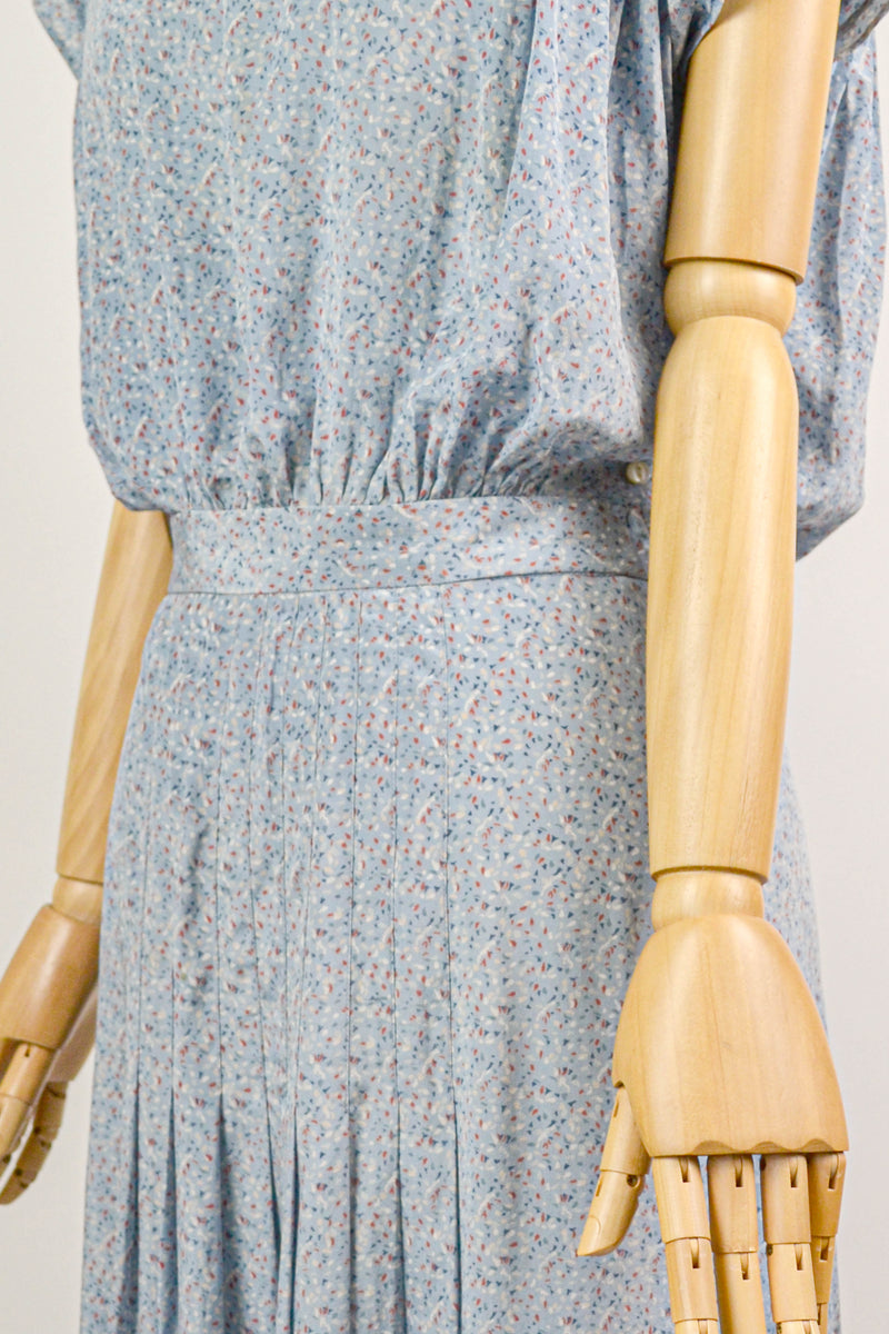 CONFETTIS - 1970s Vintage Cacharel Light Blue Abstract Print Silk Dress - Size S