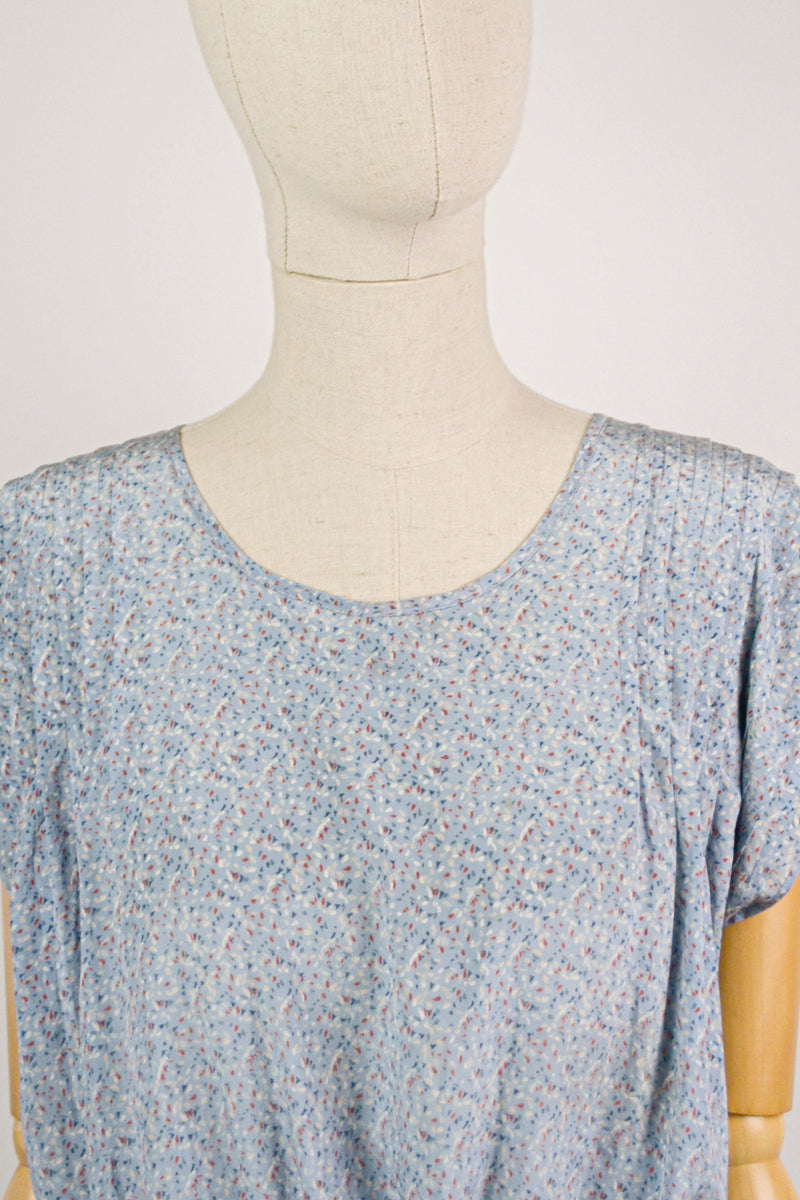 CONFETTIS - 1970s Vintage Cacharel Light Blue Abstract Print Silk Dress - Size S