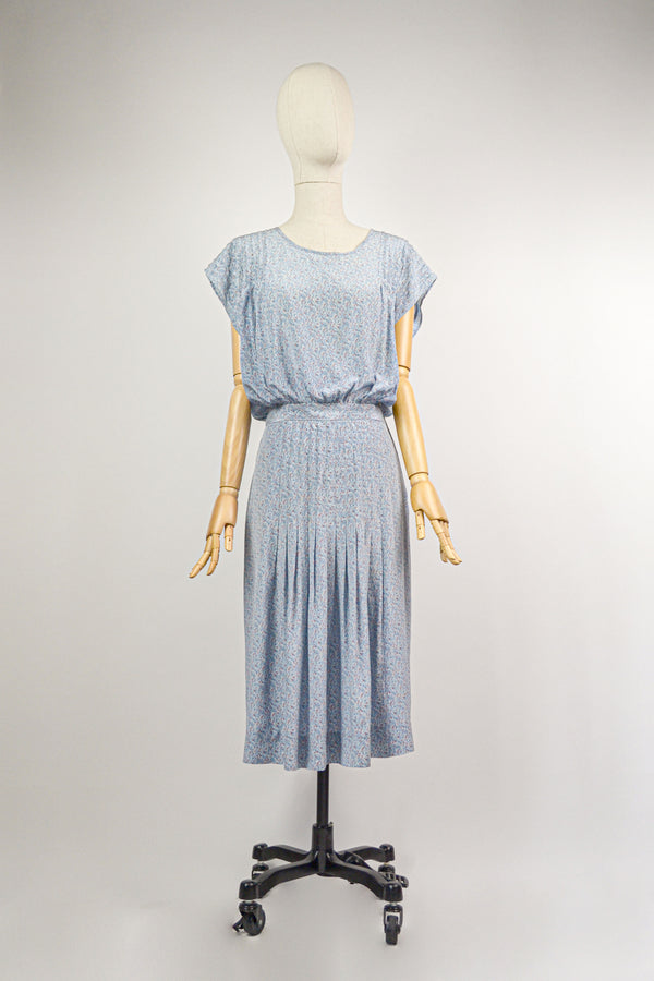 CONFETTIS - 1970s Vintage Cacharel Light Blue Abstract Print Silk Dress - Size S