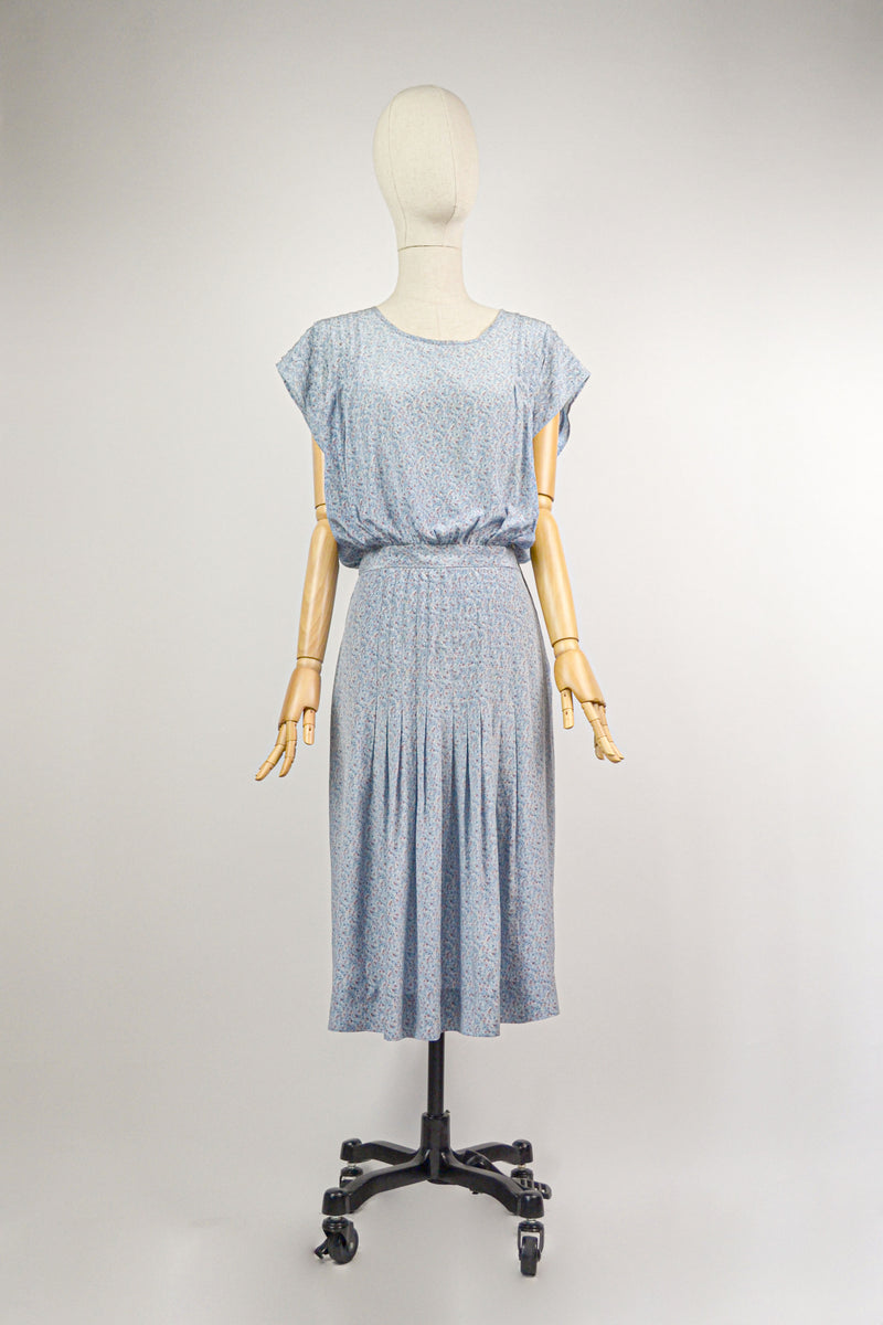 CONFETTIS - 1970s Vintage Cacharel Light Blue Abstract Print Silk Dress - Size S