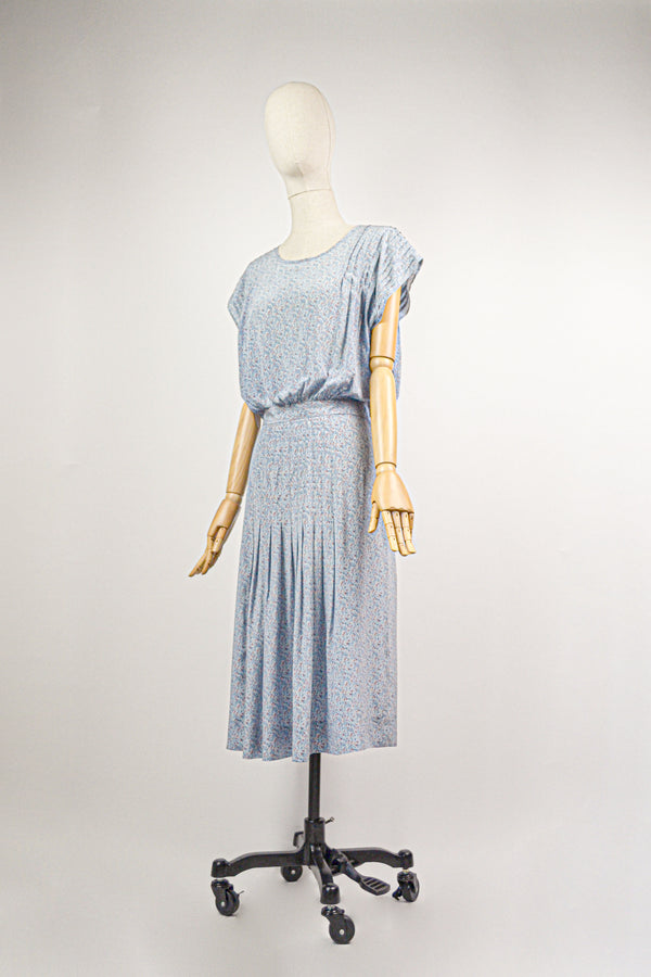 CONFETTIS - 1970s Vintage Cacharel Light Blue Abstract Print Silk Dress - Size S
