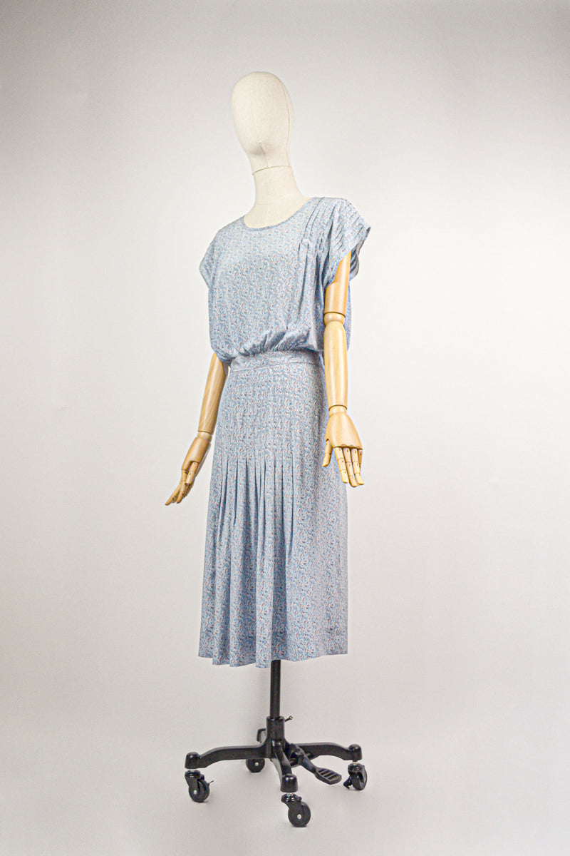 CONFETTIS - 1970s Vintage Cacharel Light Blue Abstract Print Silk Dress - Size S