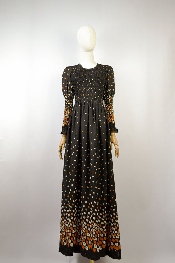 COREOPSIS - 1970s Vintage & Rare Jane Delaucret Dark Floral Smoked Dress - Size S/M