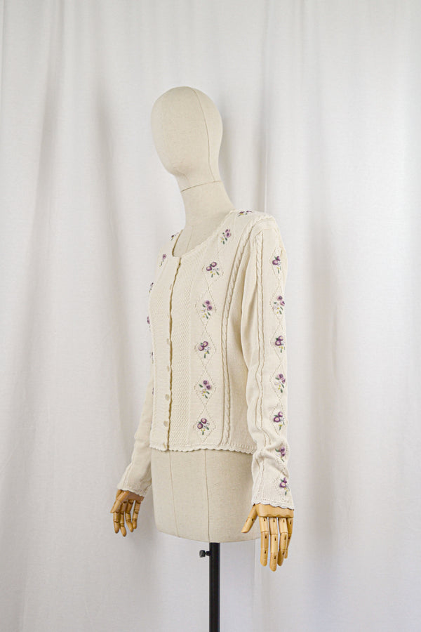 COSMOS - 1980s Vintage Laura Ashley Floral Embroidered Cardigan - Size S/M
