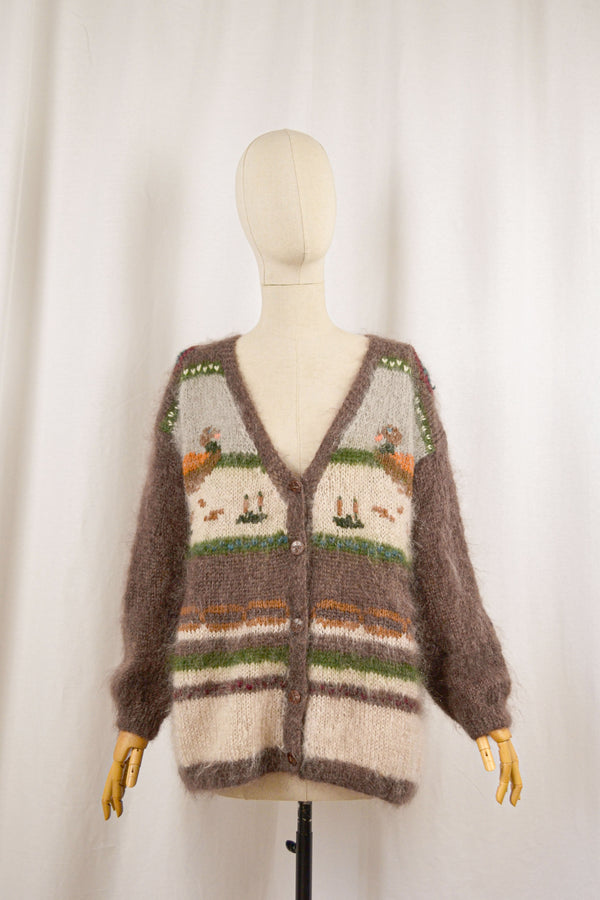 COTTAGE POND - 1980s  Vintage Hand-knitted Novelty Mohair Cardigan- Size M/L