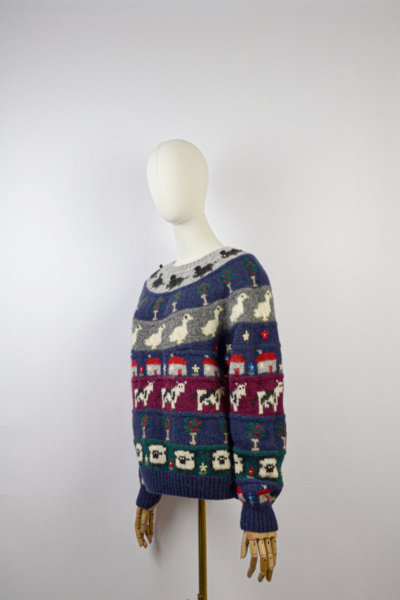 COTTAGE VERSE - 1980s Vintage Wool Cottage Scenery Jumper - S/M