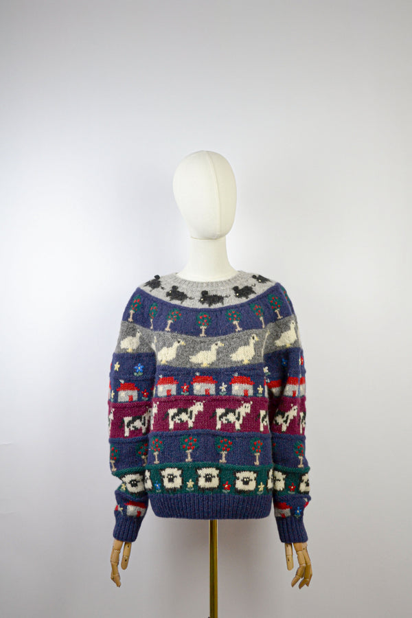 COTTAGE VERSE - 1980s Vintage Wool Cottage Scenery Jumper - S/M