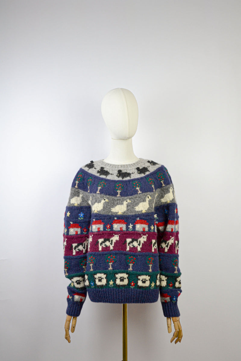 COTTAGE VERSE - 1980s Vintage Wool Cottage Scenery Jumper - S/M