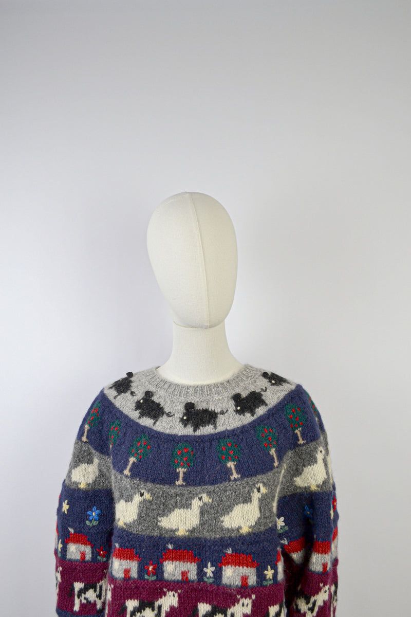 COTTAGE VERSE - 1980s Vintage Wool Cottage Scenery Jumper - S/M