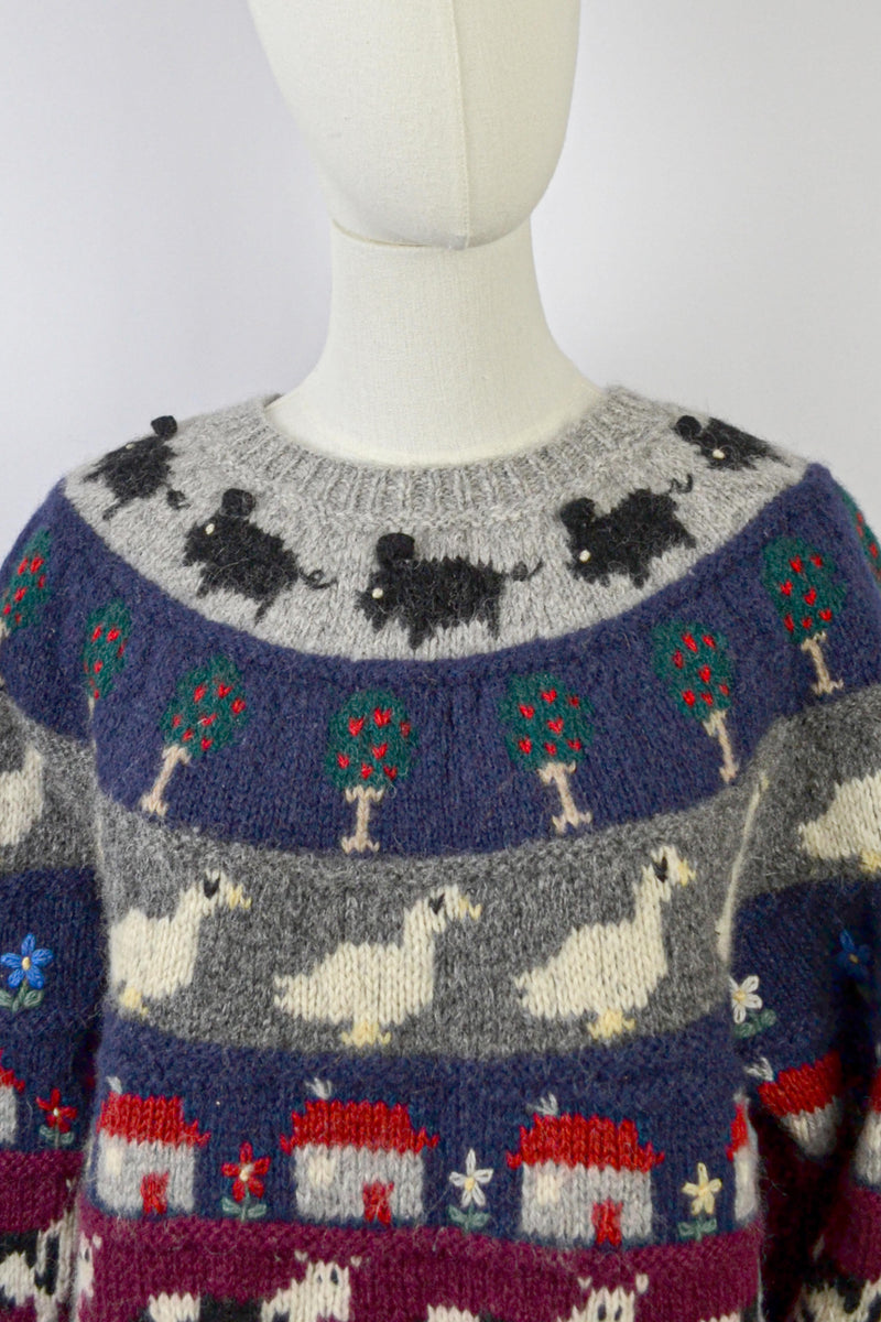 COTTAGE VERSE - 1980s Vintage Wool Cottage Scenery Jumper - S/M