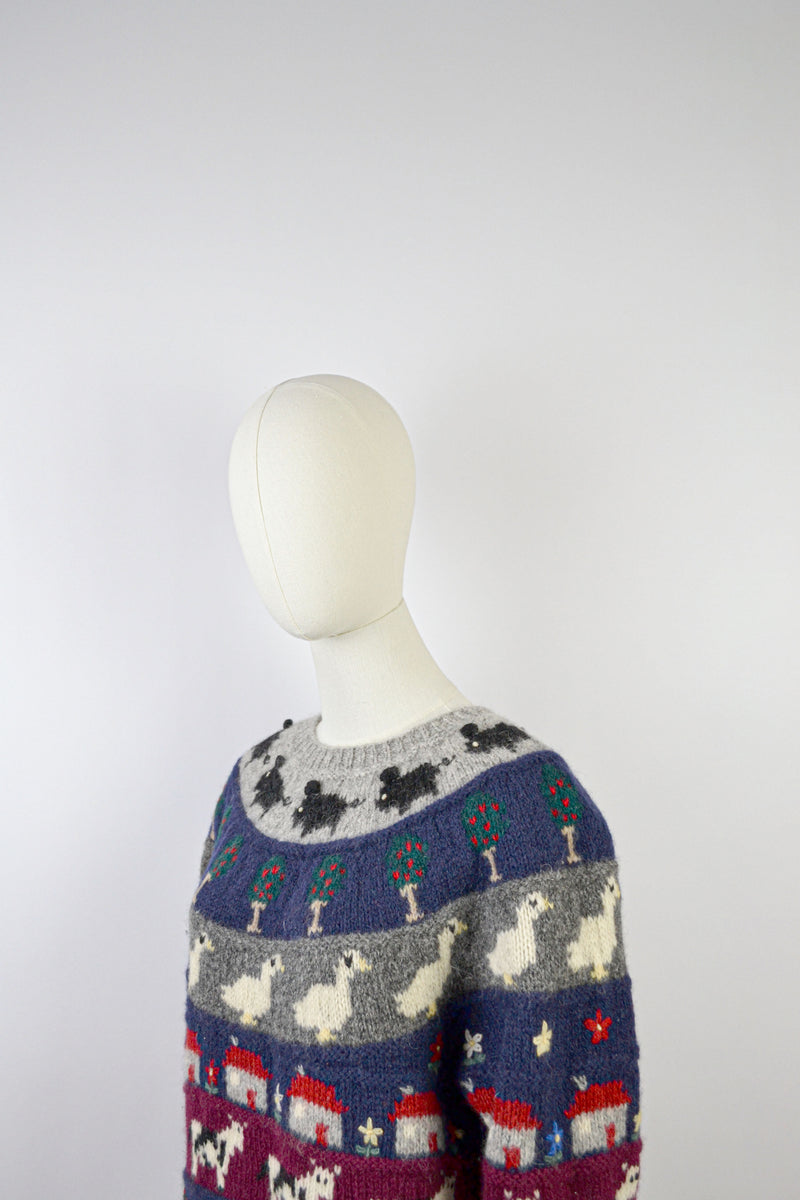 COTTAGE VERSE - 1980s Vintage Wool Cottage Scenery Jumper - S/M