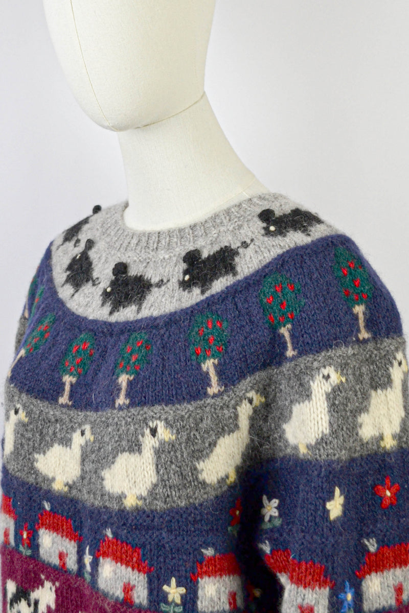 COTTAGE VERSE - 1980s Vintage Wool Cottage Scenery Jumper - S/M
