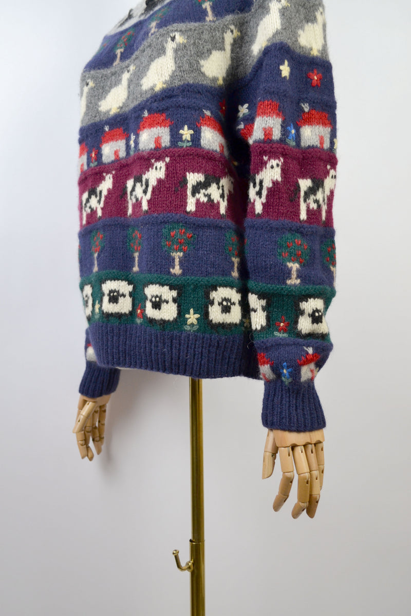 COTTAGE VERSE - 1980s Vintage Wool Cottage Scenery Jumper - S/M