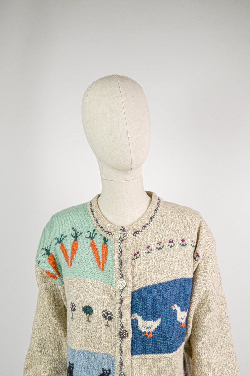 COUNTRY HOUSE - 1980s Vintage Eddie Bauer Farm Scenery Wool Cardigan - Size S-M