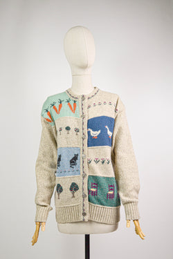 COUNTRY HOUSE - 1980s Vintage Eddie Bauer Farm Scenery Wool Cardigan - Size S-M