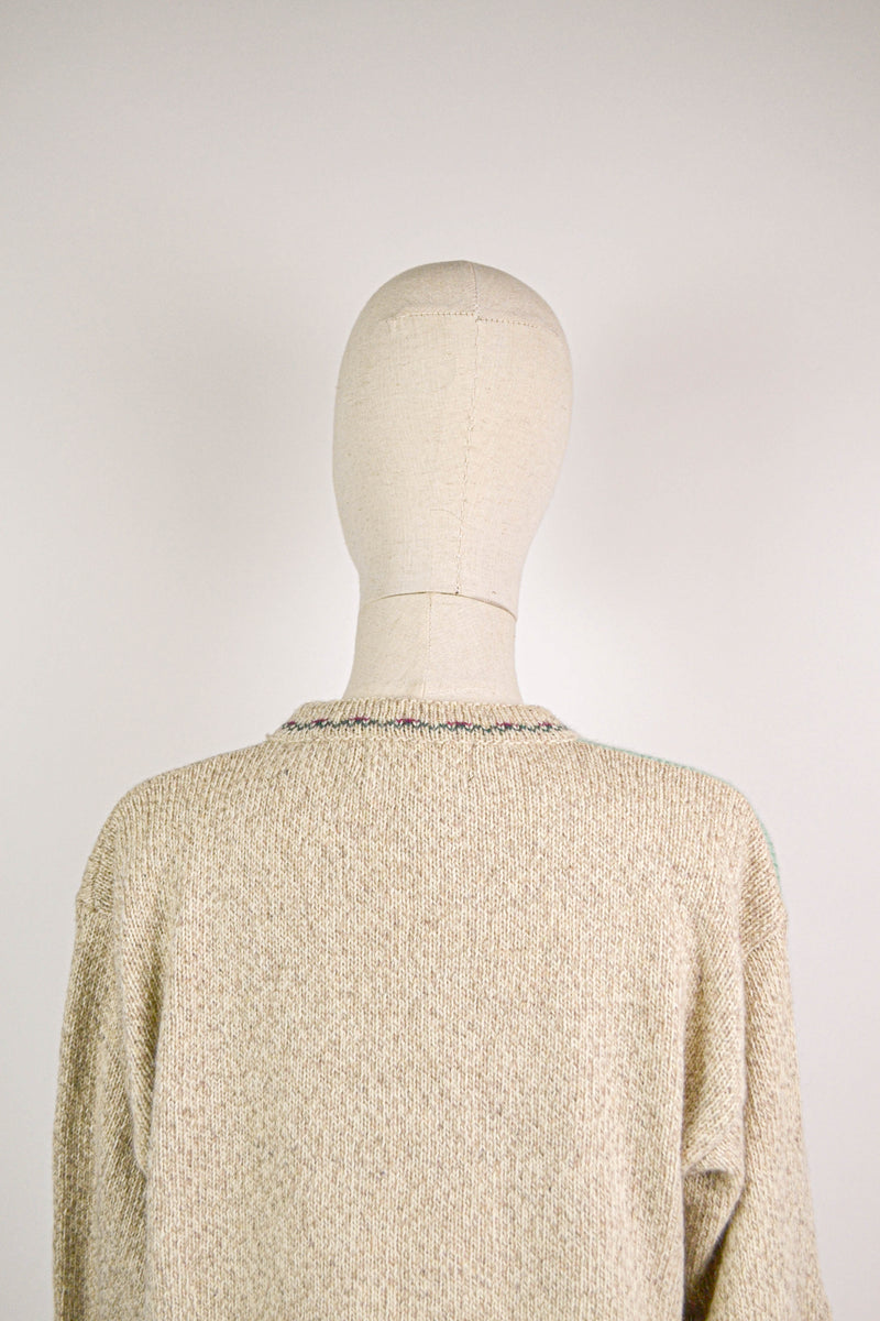 COUNTRY HOUSE - 1980s Vintage Eddie Bauer Farm Scenery Wool Cardigan - Size S-M