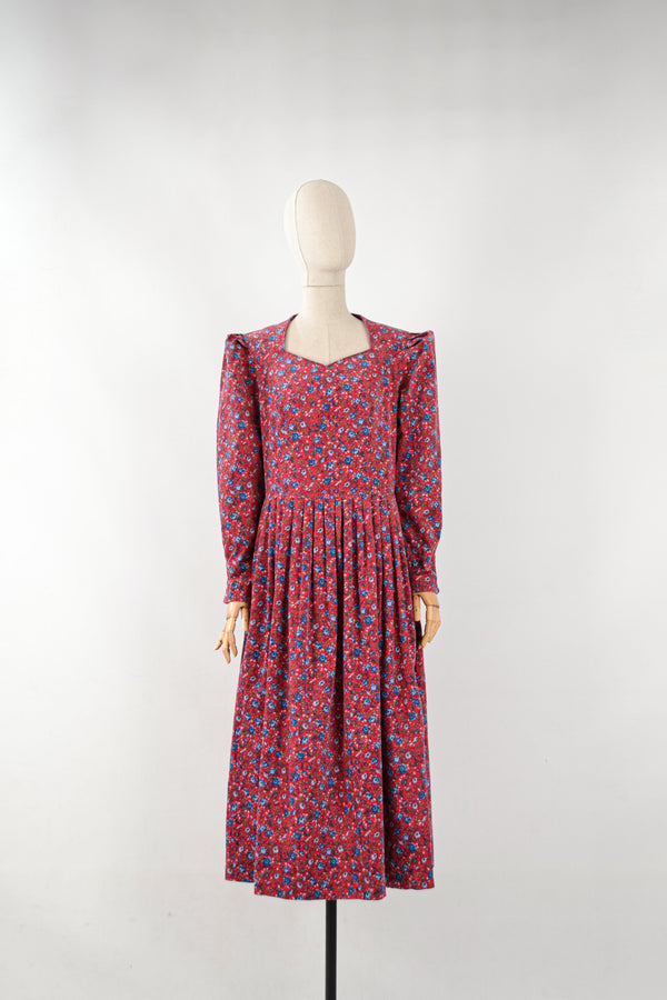 CRIMSON - 1990s Vintage Laura Ashley Floral print Red Corduroy Dress - Size M/L