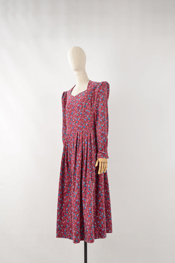 CRIMSON - 1990s Vintage Laura Ashley Floral print Red Corduroy Dress - Size M/L