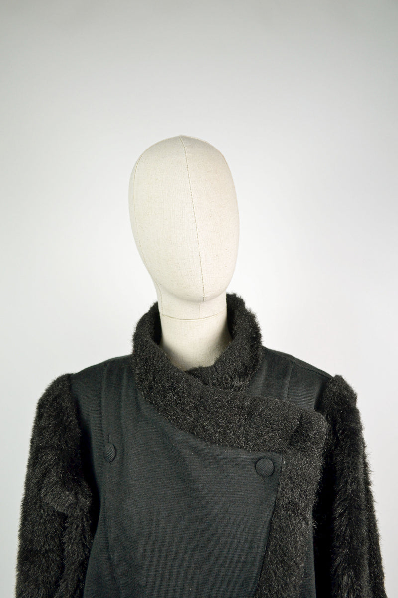 DAWN - 1980s Vintage Chaumiere aux Tricot Black Faux Fur Coat - Size M/L