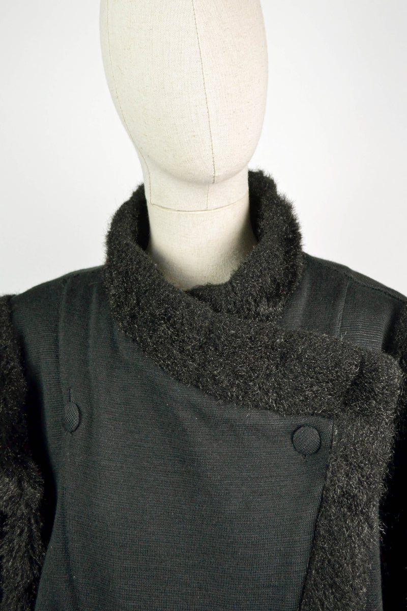 DAWN - 1980s Vintage Chaumiere aux Tricot Black Faux Fur Coat - Size M/L