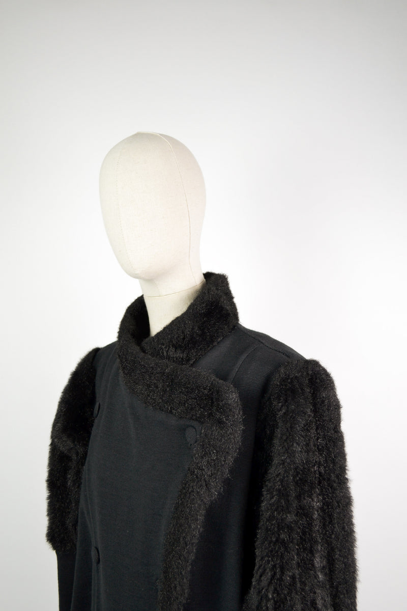 DAWN - 1980s Vintage Chaumiere aux Tricot Black Faux Fur Coat - Size M/L