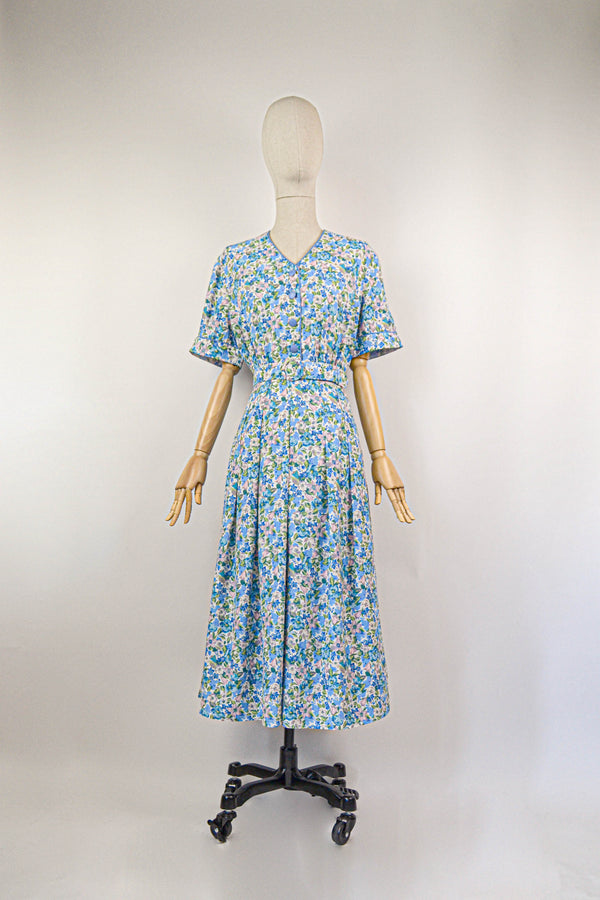 DELPHINIUM - 1980s Vintage Marion Donaldson Blue Floral Print Dress - Size M