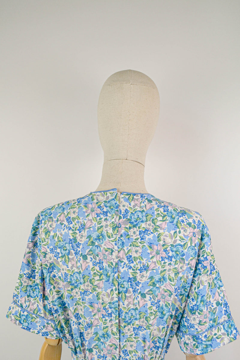 DELPHINIUM - 1980s Vintage Marion Donaldson Blue Floral Print Dress - Size M