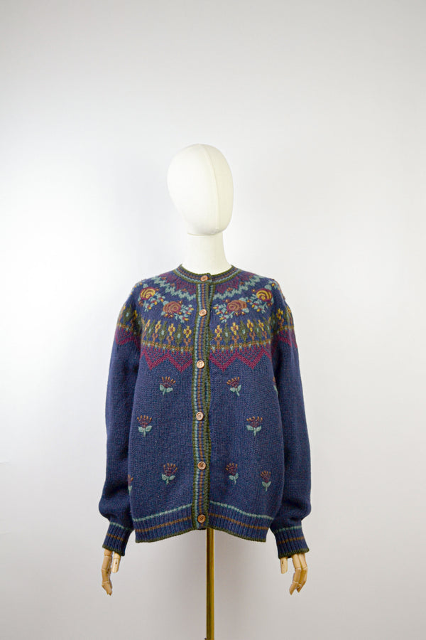 DRIED ROSE - 1980s Vintage Floral Embroidered Cardigan - Size S/M