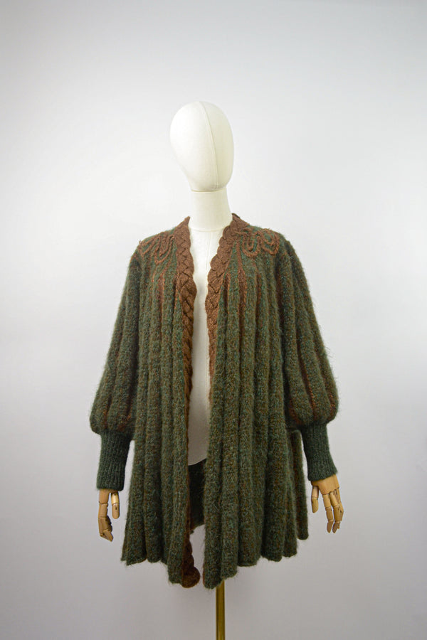 ECORCE - 1970s Vintage Mary Farrin Forest Green and Brown Cardigan - Free Size