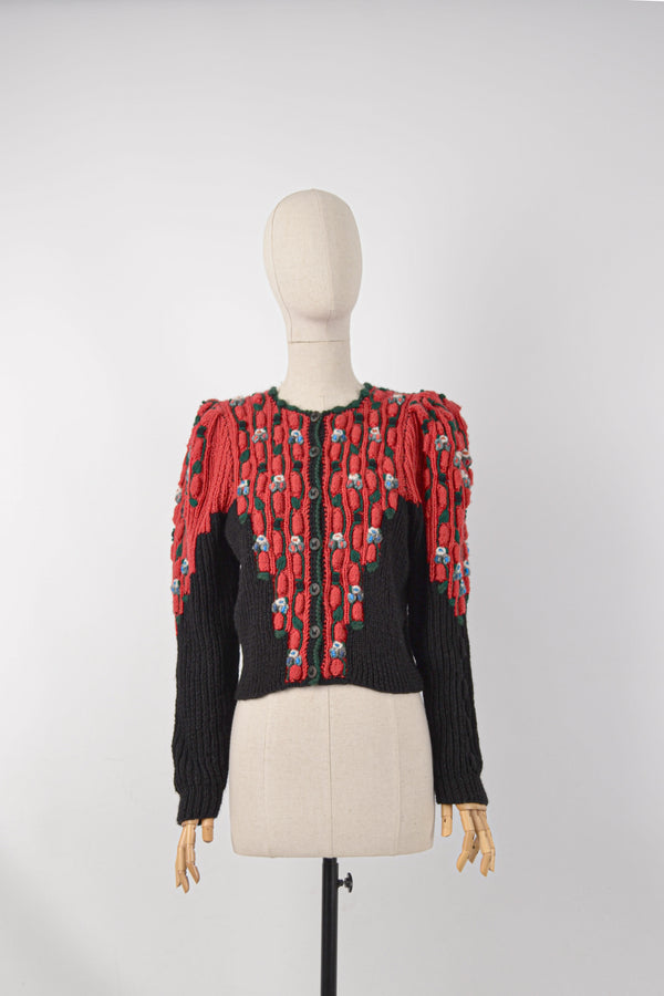 ENCHANTED - 1980s Rare Wolkenstricker Red and Black Embroidered Austrian Cardigan - Size S/M