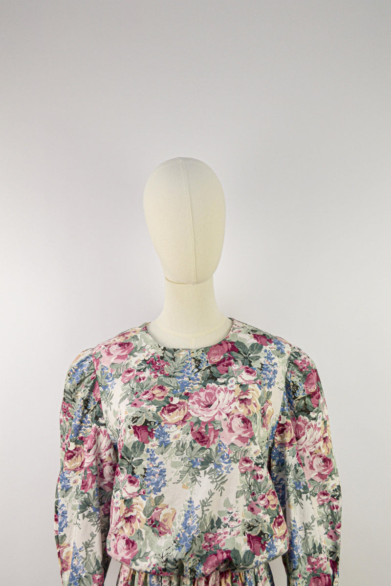 ENGLISH GARDEN - 1980s Vintage Floral Tapestry Dress - Size M/L
