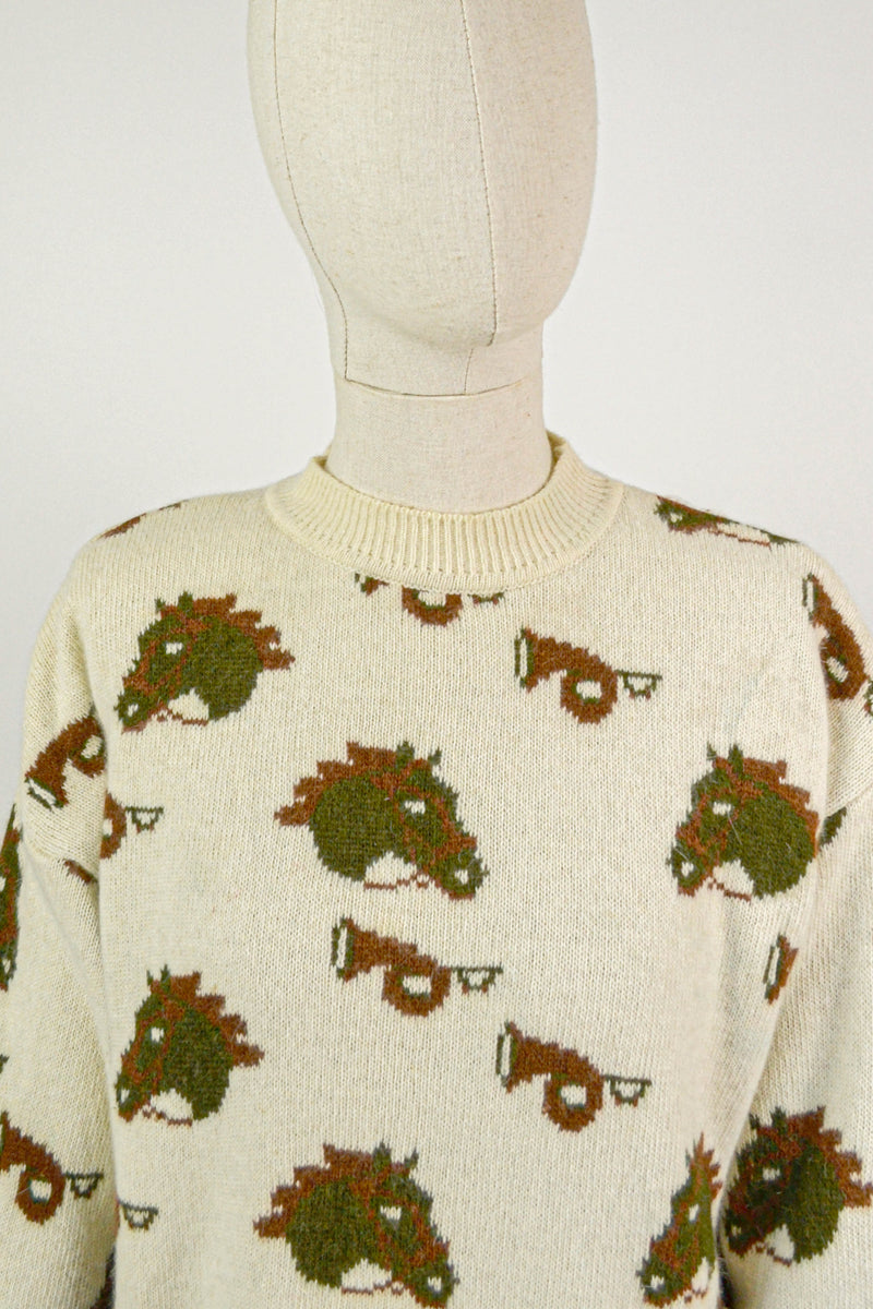 EQUESTRIA - 1990s Vintage Laura Biagiotti Horse and Floral Jumper - Size M/L