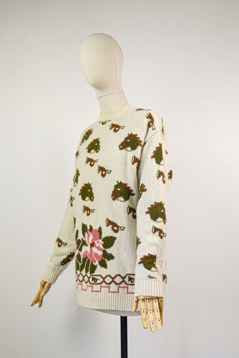 EQUESTRIA - 1990s Vintage Laura Biagiotti Horse and Floral Jumper - Size M/L