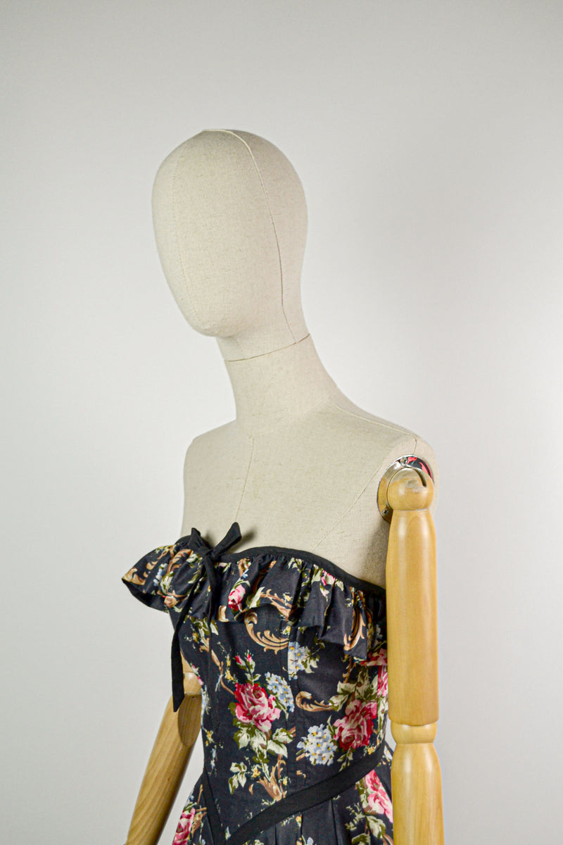 EVERDREAM - 1980s Vintage Rare Laura Ashley Dark Floral Prairie Ball Gown - Size S/M