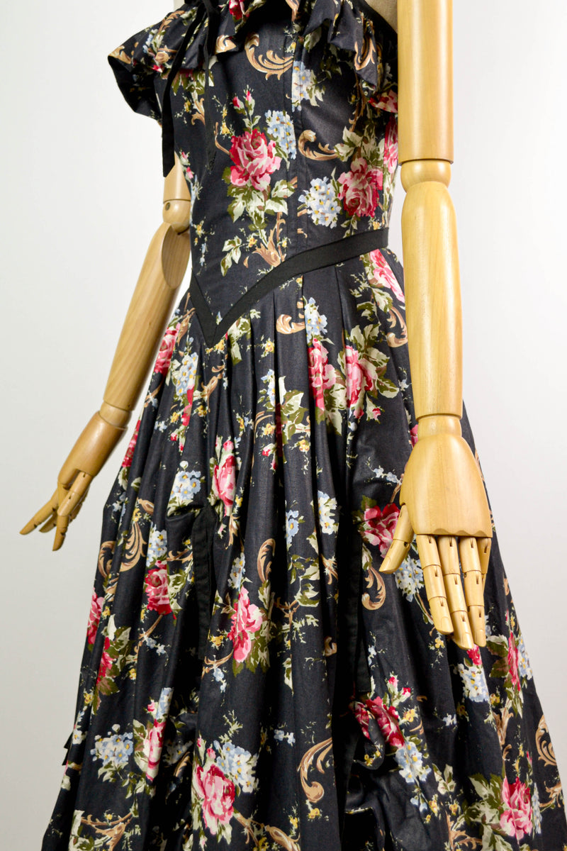EVERDREAM - 1980s Vintage Rare Laura Ashley Dark Floral Prairie Ball Gown - Size S/M