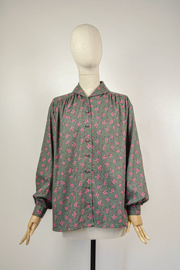 EVERGREEN - 1980s  Vintage Green Ditsy Floral Laura Ashley Blouse- Size M/L