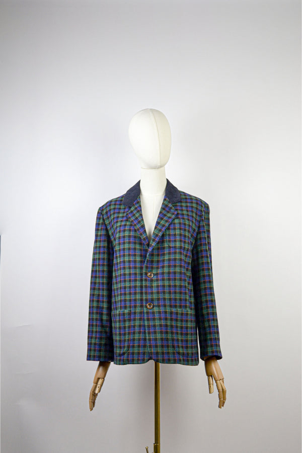 EVERGREEN TARTAN - 1980s Vintage Cacharel Gren and Navy Tartan Jacket - Size S/M