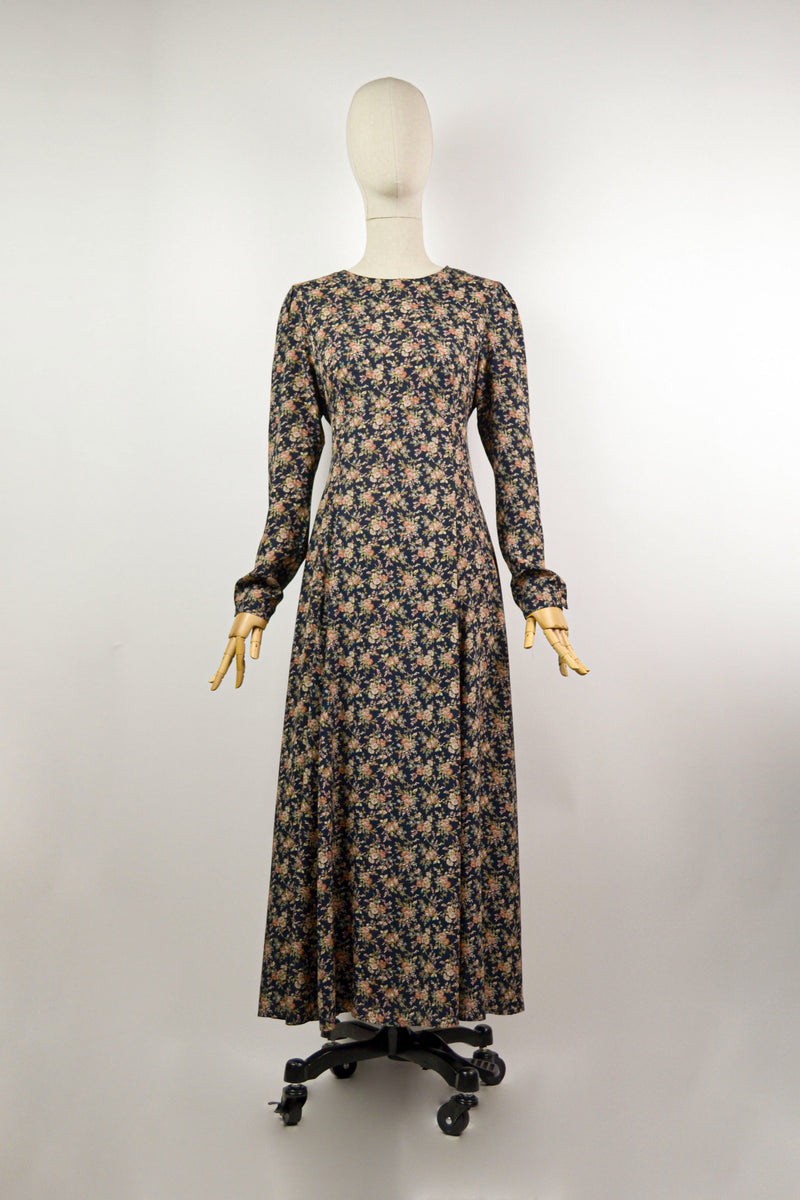 EVERLASTING  - 1990s Vintage Laura Ashley Tapestry Floral Print Navy Dress - Size S/M