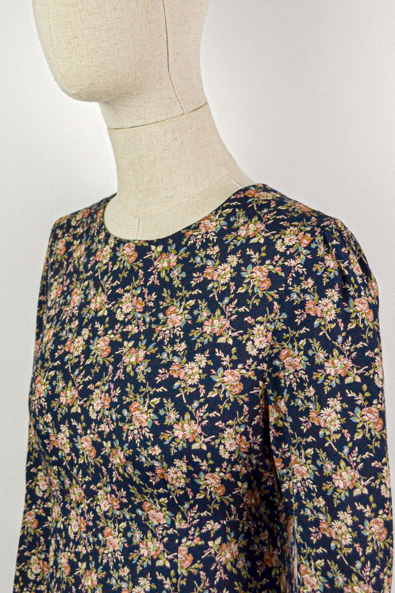 EVERLASTING  - 1990s Vintage Laura Ashley Tapestry Floral Print Navy Dress - Size S/M