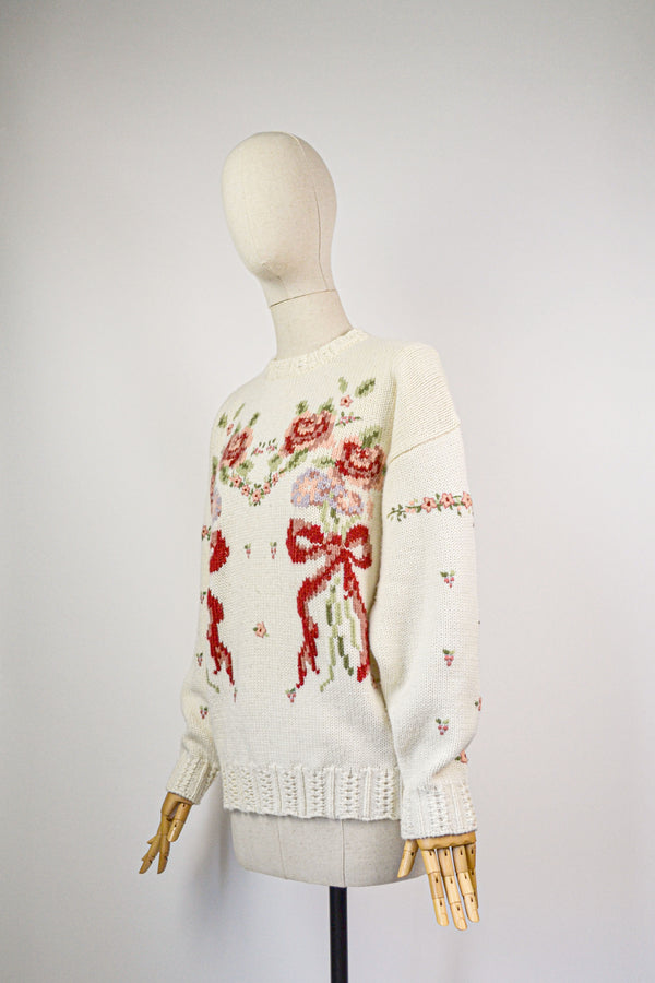 FALLEN PETALS - 1990s Vintage Floral Embroidered Cardigan - Size S/M