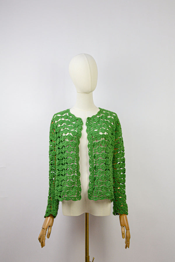 FERN GREEN - 1980s Vintage Hand-Crochetted Green Cardigan - Size S/M