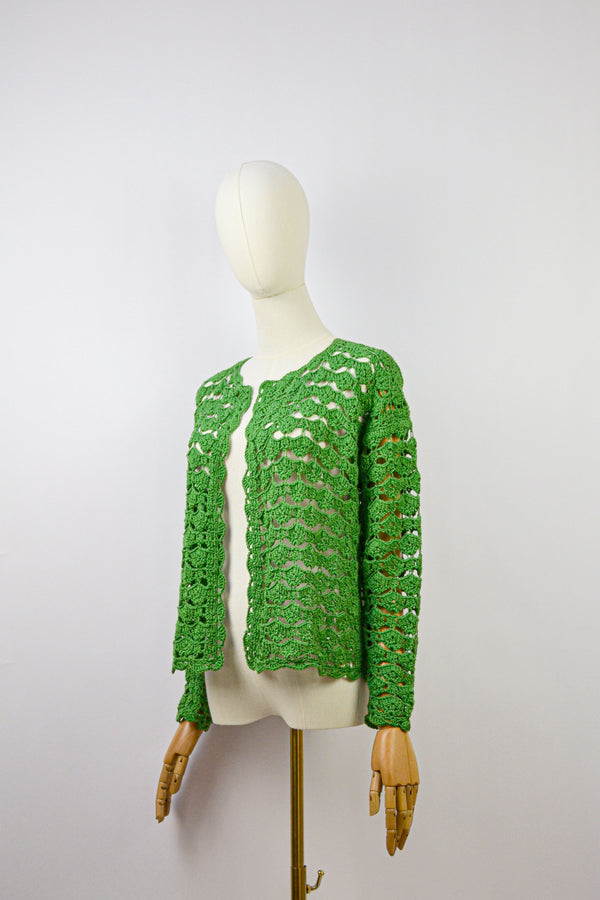 FERN GREEN - 1980s Vintage Hand-Crochetted Green Cardigan - Size S/M