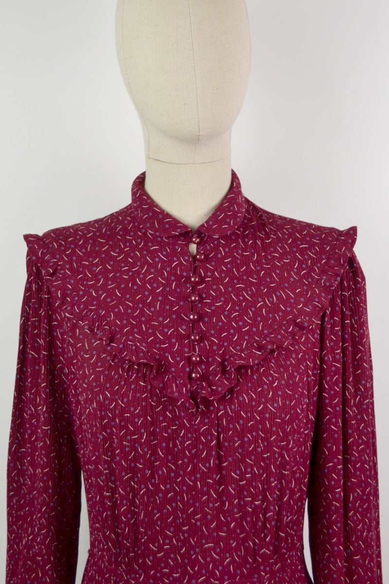 FIESTA FLOWERS - 1970s Vintage Elkont Burgundy Viscose Dress - Size S