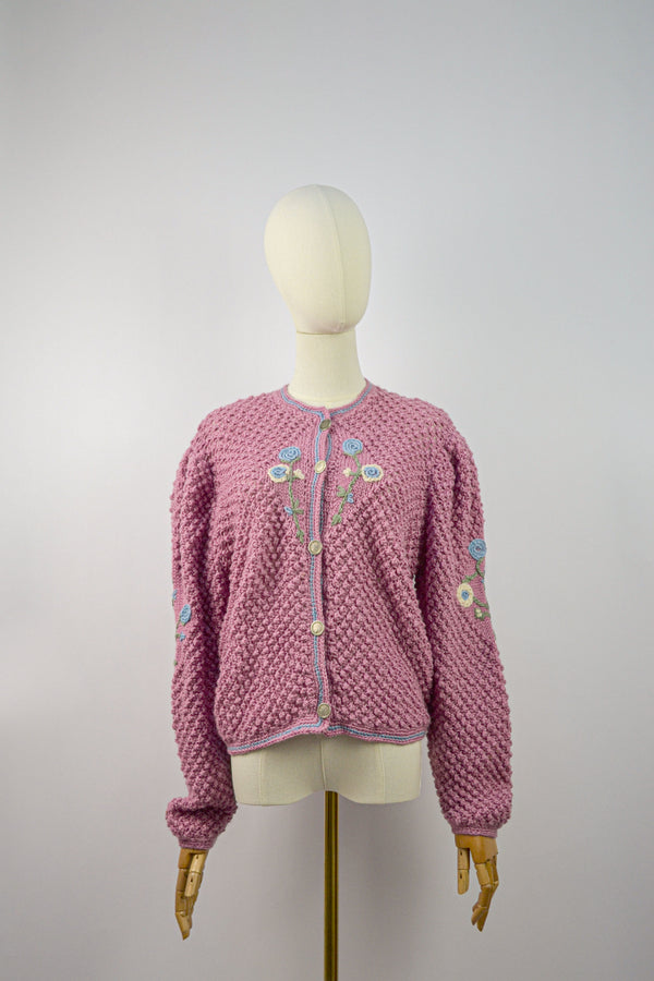 FLORAL BLUSH -  1990s Vintage Floral embroidered Austrian Cardigan - Size M/L